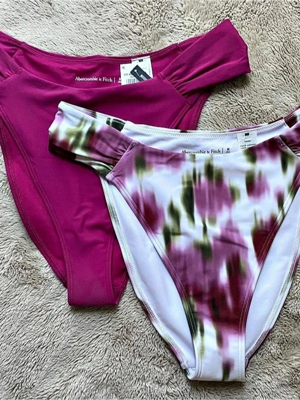 Abercrombie & Fitch Mid Rise High-Leg Moderate Bottom Bikini Set in Pink & White